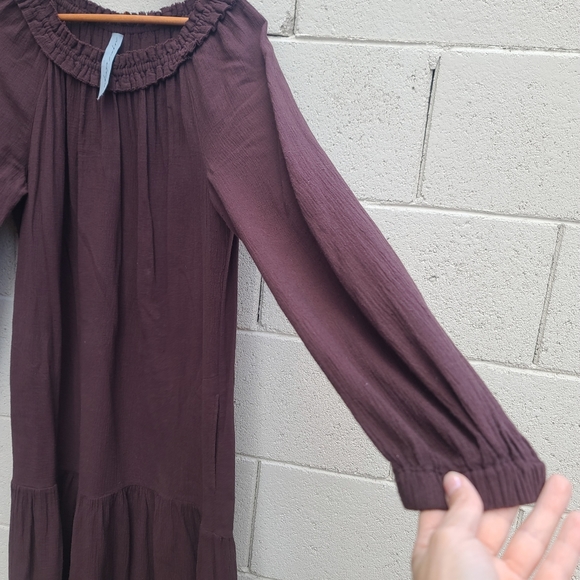 Raquel Allegra | Brown Cotton Gauze Long Sleeve Drop Waist Dress Size 3 ( XL ) - Picture 6 of 10